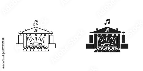 Simple Stage Icon with Music Notes and Audience in Black White
