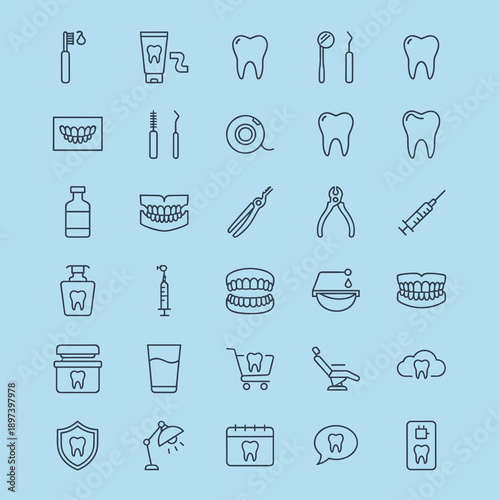Professional Dental Care and Stomatology Outline Icon Set Featuring Teeth Toothbrush Tools X-ray and Oral Hygiene Symbols on Light Blue Background