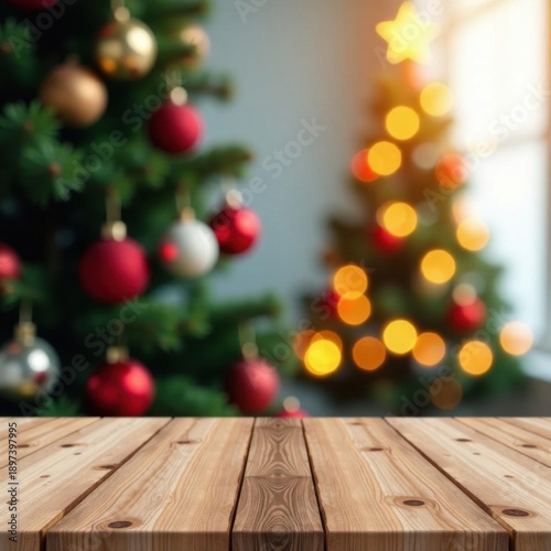 Empty wooden tabletop, bokeh Christmas tree backdrop, tabletop, rustic, blank