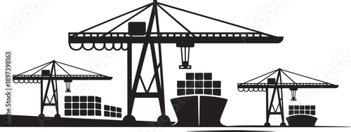 Shipping port cranes and cargo ship, industrial vector illustration