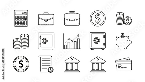 This banking, finance, and office business icon set represents corporate documentation, financial services, and administrative workflows. The collection includes icons such as briefcases, documents, b
