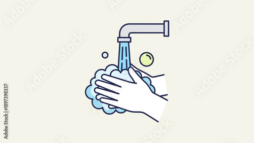 This hand washing and hygiene awareness illustration represents cleanliness, health safety, and disease prevention practices. The image shows hands being washed under running water, symbolizing sanita