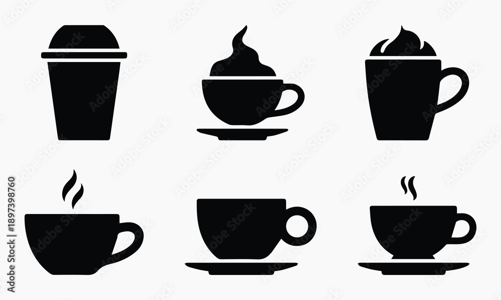 Fototapeta premium Set of six black icons for hot coffee, iced coffee, and various coffee drinks.