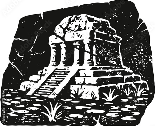 Ancient temple ruins carving with stairs and stone structure surrounded by plants and rocks