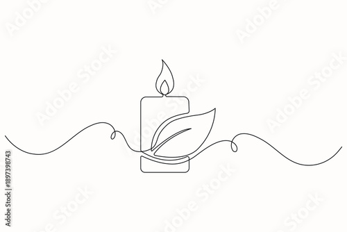 Candle leaf harmony, one line drawing, minimalist outline illustration