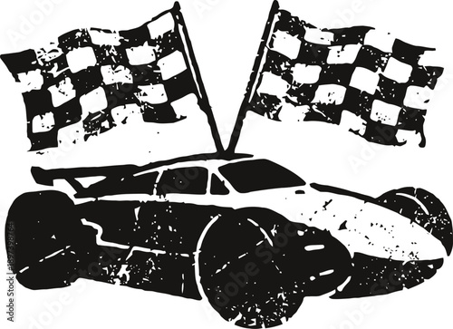 Vintage race car with two checkered flags in distressed black silhouette design