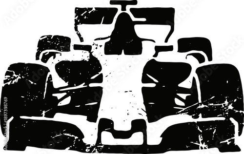 grunge black and white racing car front view vector illustration, motorsport design concept