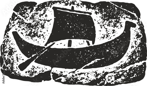 Ancient viking ship carved in stone, primitive boat with sail and oar, historic norse seafaring symbol