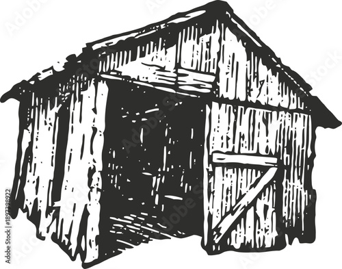 Old rustic wooden barn illustration vintage rural shed with open door in black and white