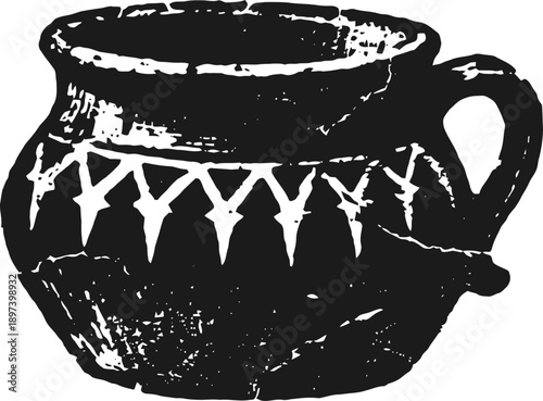 Ancient pottery jug with triangular geometric patterns, classic earthenware ceramic vessel for storage