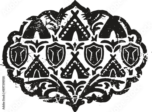 ornamental tribal pattern with shield and tent symbols in black and white vintage