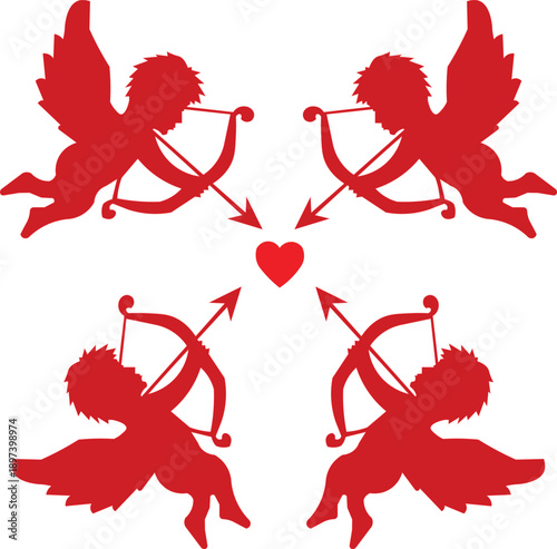 Red Cupid with Bow and Arrow Silhouette, Love Heart and Arrows Design, Romantic Valentine's Day Symbol for Gifts, Greeting Cards, and Decorations