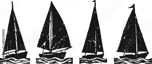 Black silhouette sailboats sailing on waves in vintage hand drawn set