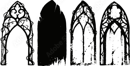 Gothic arched window silhouettes with ornate and distressed architectural details