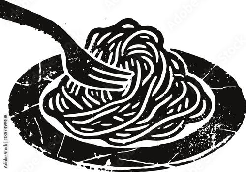 Fork twirling spaghetti on plate with textured black and white design