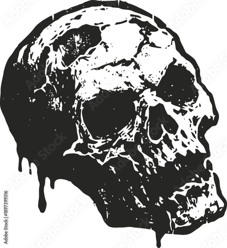 Black grunge skull illustration with dripping paint effect, horror skeleton design, gothic art