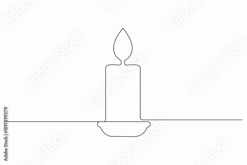 Candle with leaf, continuous one line drawin,g minimalist outline illustration