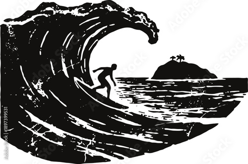 surfer riding a large wave close to a small island with palm trees in the distance