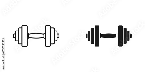 Dumbbell Icon Set: Black Outline and Solid Black on White