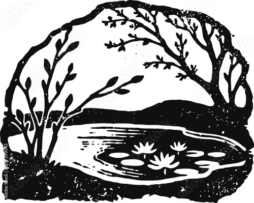 Tranquil pond with water lilies and surrounding trees in a nature silhouette scene