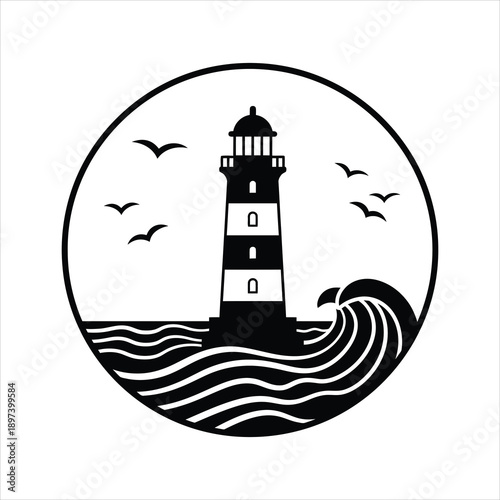 Minimalist black and white illustration of a lighthouse with waves and birds