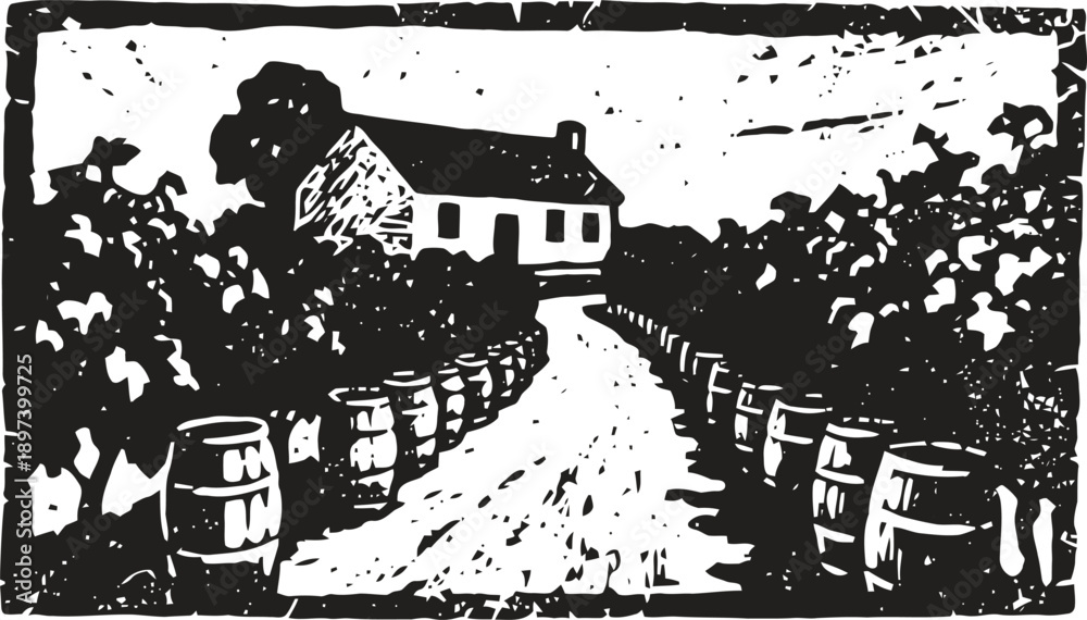 Obraz premium Rustic vineyard pathway lined with barrels leading to a countryside house in vintage
