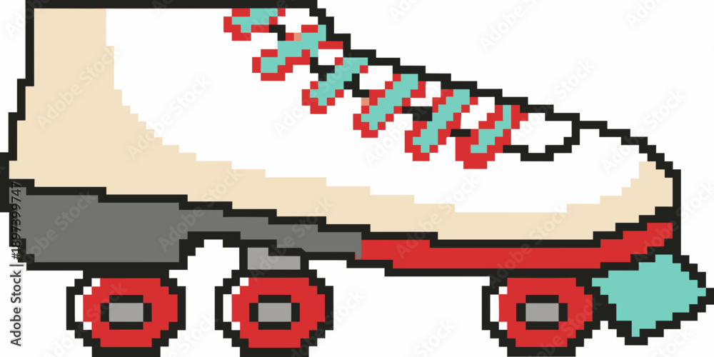 Fototapeta premium Pixel art illustration of a vintage quad roller skate with red accents