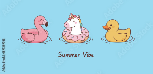 Summer vibe concept with cute pool floats including pink flamingo unicorn donut and yellow rubber duck for vacation and leisure activity