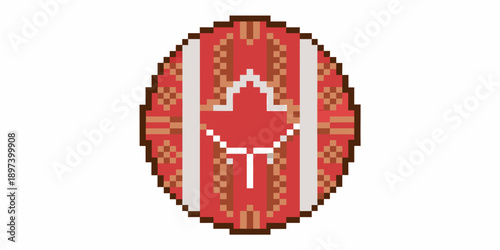 Pixel art shield with a maple leaf reminiscent of indigenous designs