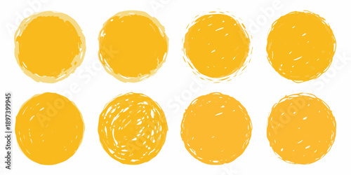 Arrangement of eight roughly circular textured yellow shapes on white