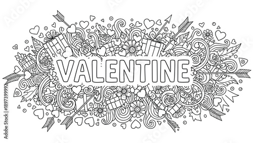 Valentine's Day Doodle Art with Hearts, Arrows, and Gifts - Black and White Outline