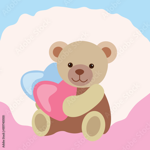 Hand-drawn teddy bear holding a blue and pink heart with abstract pink and blue shapes. Romantic and playful illustration ideal for Valentine’s Day, baby showers, gender reveal, and cards.