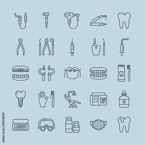 Professional Dental Care Line Icons Set Featuring Stomatology Tools Tooth Implants Braces Dentist Chair Syringe Hygiene Products and Equipment