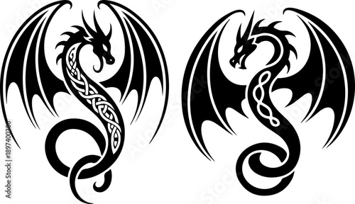 Tribal Animal Silhouette Tattoo Vector Bundle – Eagle Bear Wolf Snake Panther Black Graphic Set