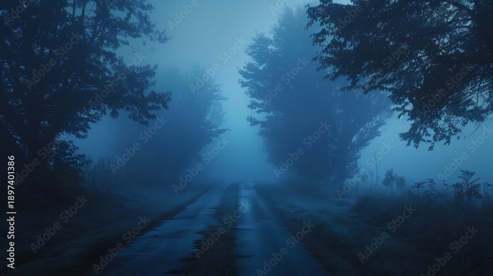 Obraz premium Fog envelops a rural road lined with tall trees, creating a tranquil and mysterious scene in a quiet countryside environment