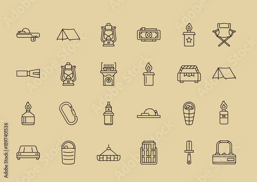 Comprehensive Camping and Outdoor Adventure Line Icon Collection with Tents, Lanterns, Sleeping Bags, and Survival Gear for Tourism and Travel