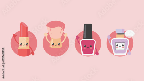 Cute makeup and beauty set with lipstick, powder brush, nail polish and perfume bottle characters on pink background for cosmetics design.