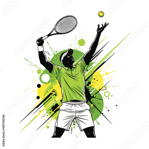 Male tennis player serving ball with racket dynamic green splash vector illustration.