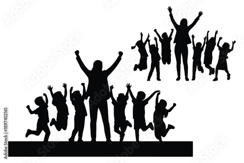 Black silhouettes of jumping children and adults on white background