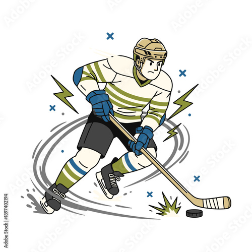 Ice hockey player skating fast with stick and puck during the game vector illustration.