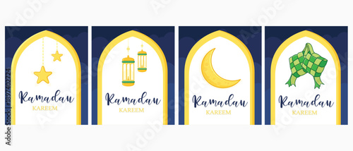 Ramadan kareem greeting card. eid mubarak greeting cartoon illustration vector. moon and star ramadan