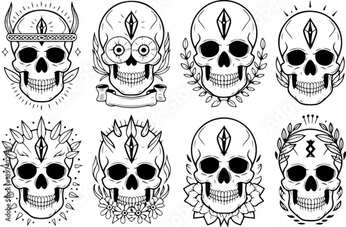 Mystic Skull Occult Symbol Sacred Geometry Black Vector Set
