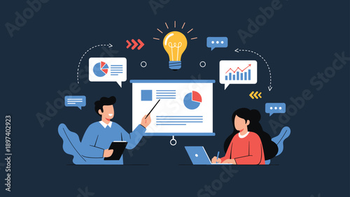 Two people collaborating on a presentation board with a lightbulb idea icon illustrates innovation, brainstorming session, and corporate training.