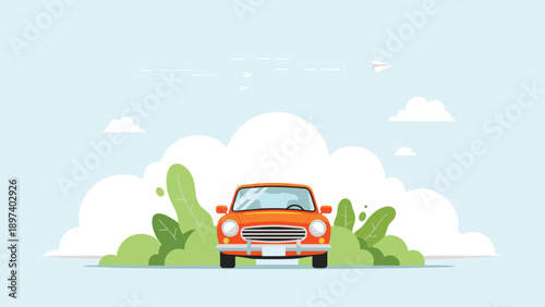 Front view of a vintage orange car parked in front of large white clouds and green bushes symbolizes road trips, travel, and classic car design.