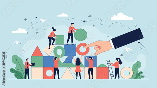 Diverse team of professionals building a structure from colorful geometric blocks symbolizes organizational development and project management.