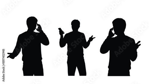 Silhouette of three men using mobile phones in various poses represents modern technology, digital connectivity, and wireless communication.