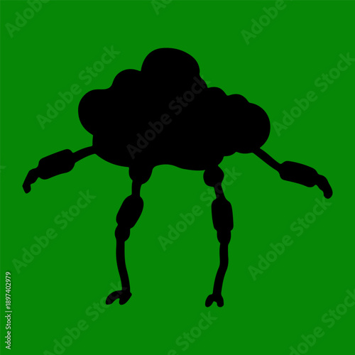 A creative silhouette vector of a robot with a cloud-shaped body and spindly legs green background