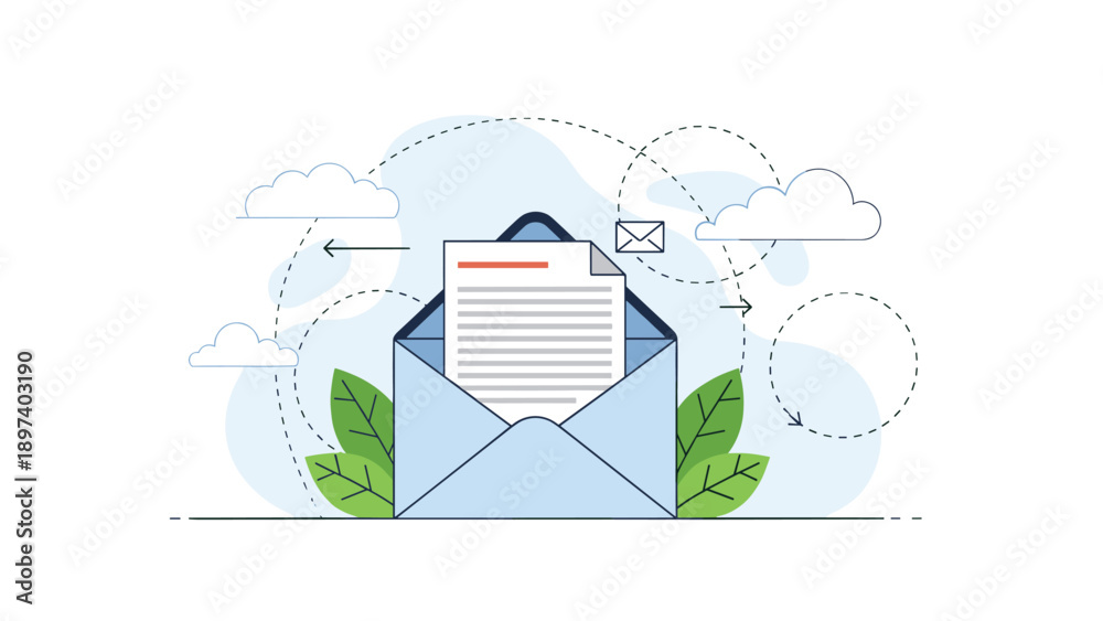 Naklejka premium Open blue envelope with a written paper letter inside surrounded by floating clouds and dotted communication path lines.