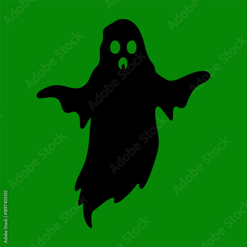 A classic black vector illustration of a flying spirit with a surprised face green background