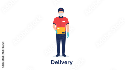 Delivery person wearing a protective face mask and gloves while holding a cardboard package for safe home shipping service.